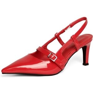 Pointed toe red patent leather sling back heels